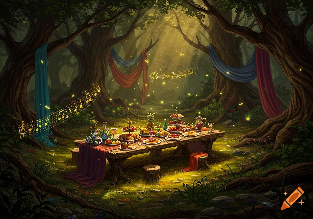 A magical fantasy feast set on a long wooden table in an enchanted forest, with colorful drapes and glowing musical notes floating in the air.