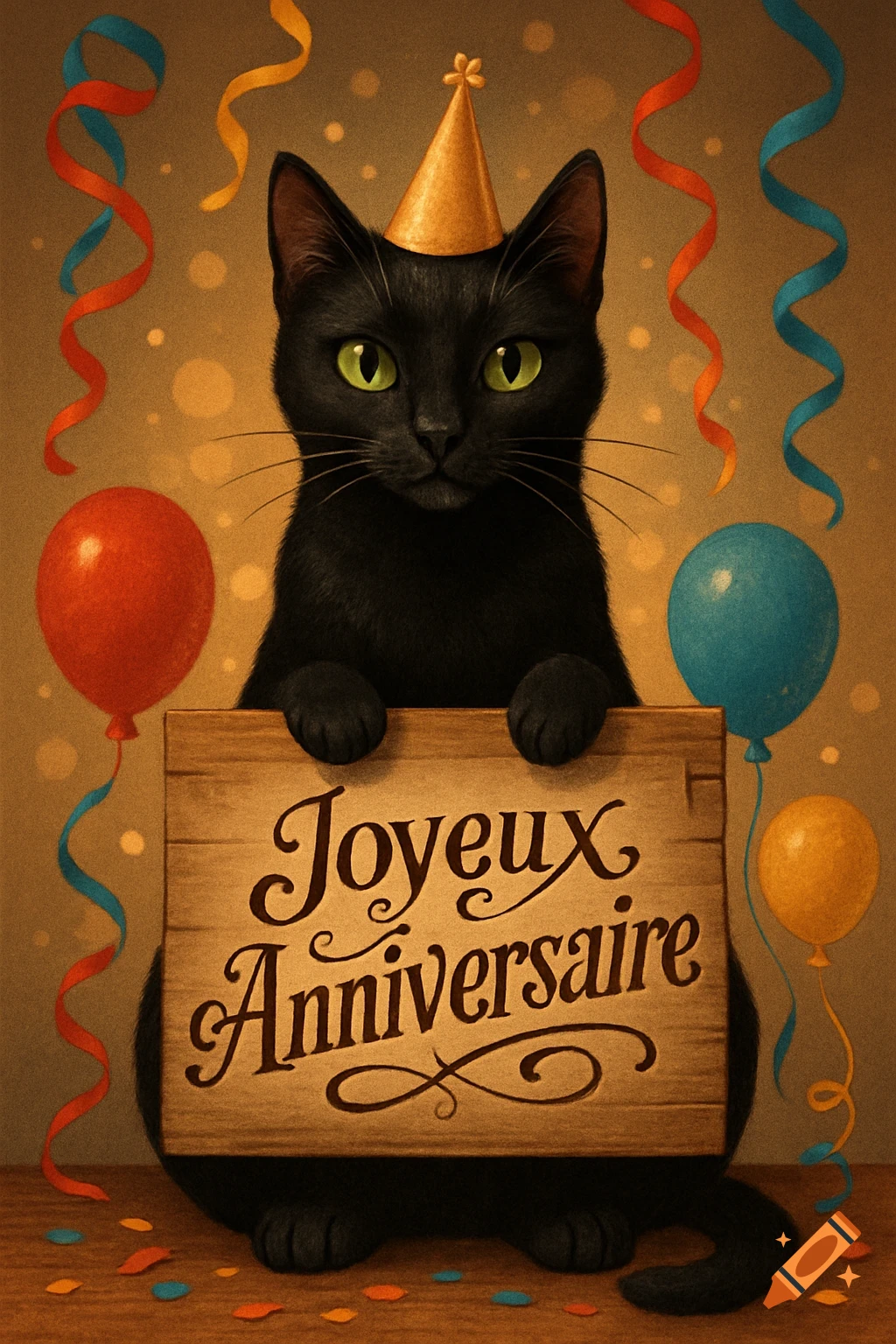 A black cat wearing a party hat holds a wooden sign that says "Joyeux Anniversaire" in front of colorful balloons and streamers.