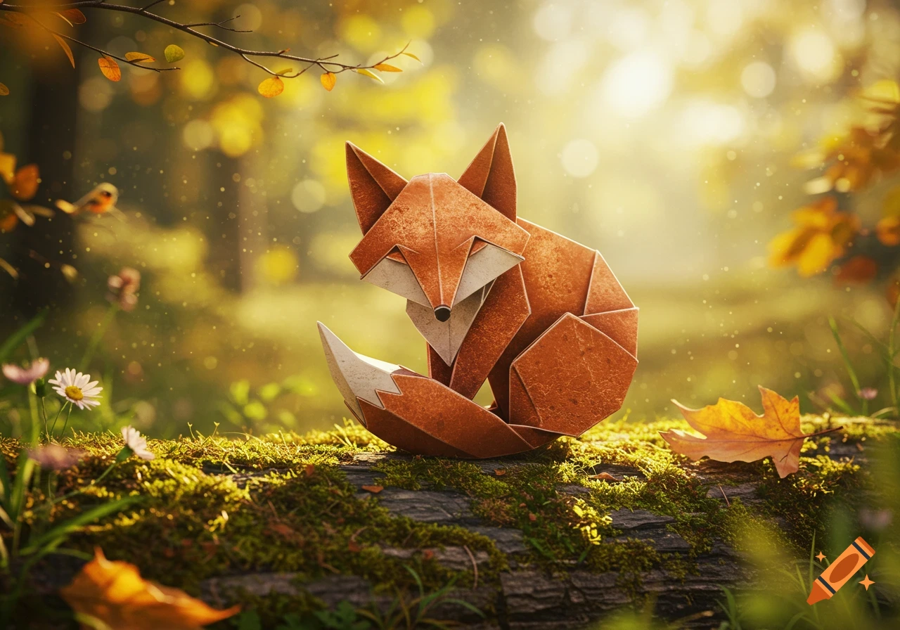 An orange origami fox sits on a mossy log in a sunlit autumn forest, surrounded by fallen leaves and wildflowers.