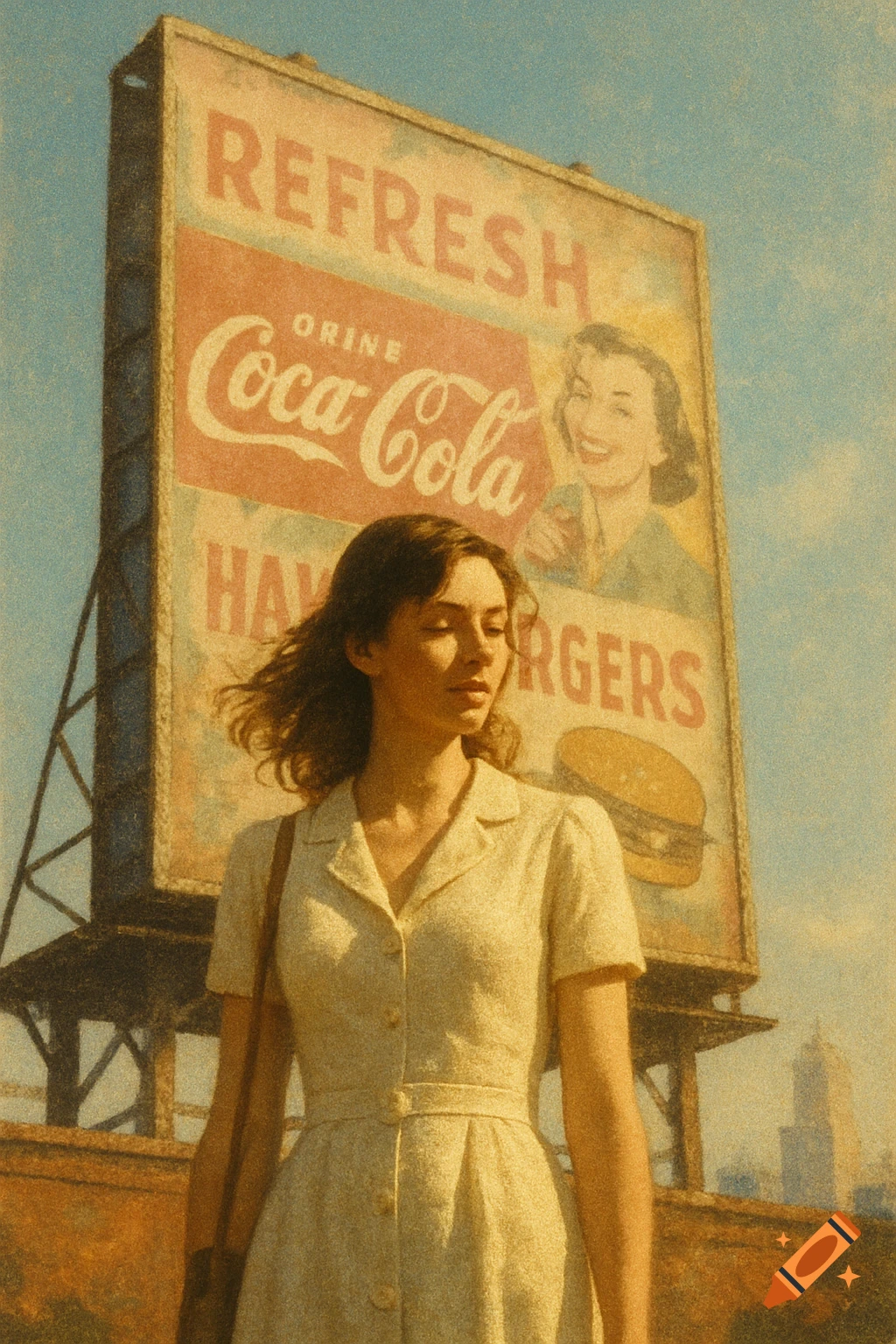 A young woman in a dress stands before a grainy, vintage billboard advertising Coca-Cola and hamburgers, with a distant city skyline.