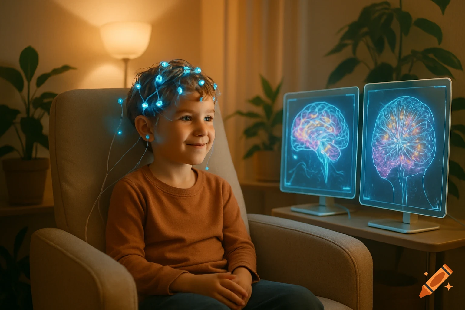 Smiling young boy with glowing brain electrodes on his head, looking at monitors displaying brain scans.