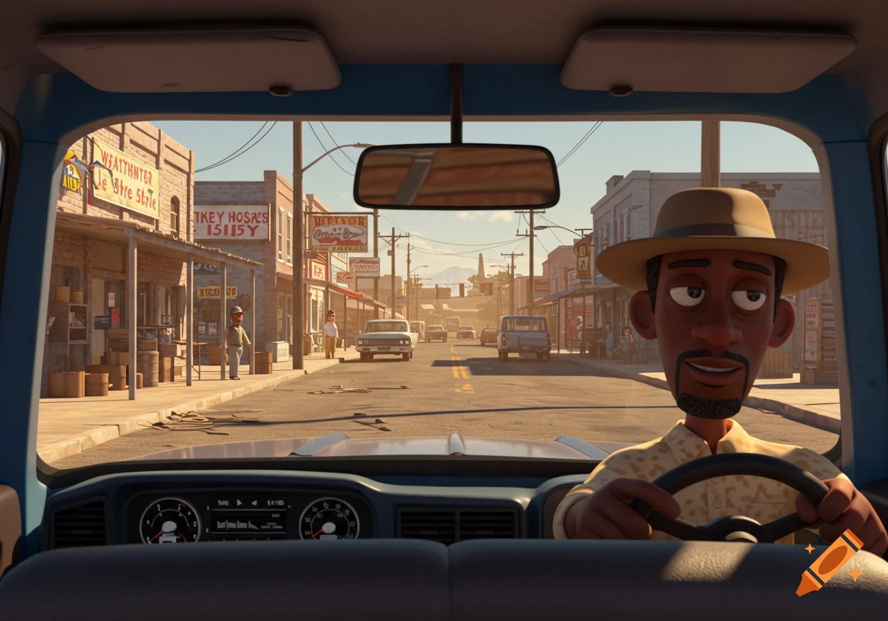 POV from inside a cartoon car, showing a Black man with a brim hat driving through a sunny, dusty cartoon town street with old buildings.