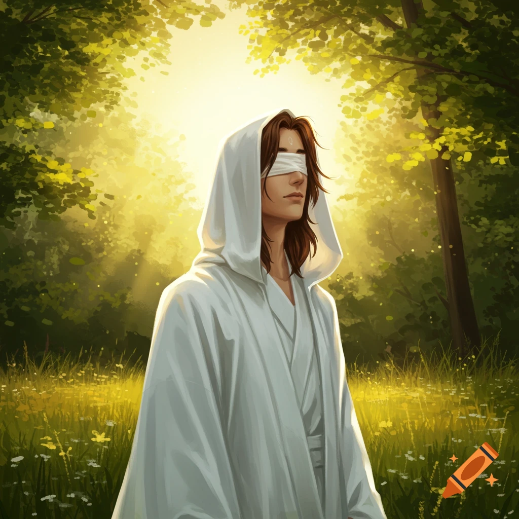 An ethereal illustration of a blindfolded man in a white hooded robe standing in a sun-dappled forest clearing.