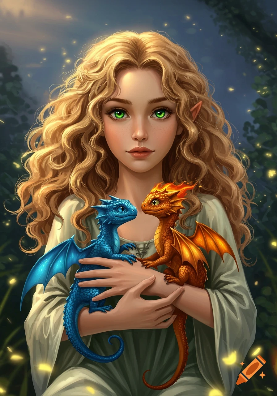 Digital painting of a young woman with curly blonde hair and green eyes, holding a blue and an orange baby dragon.