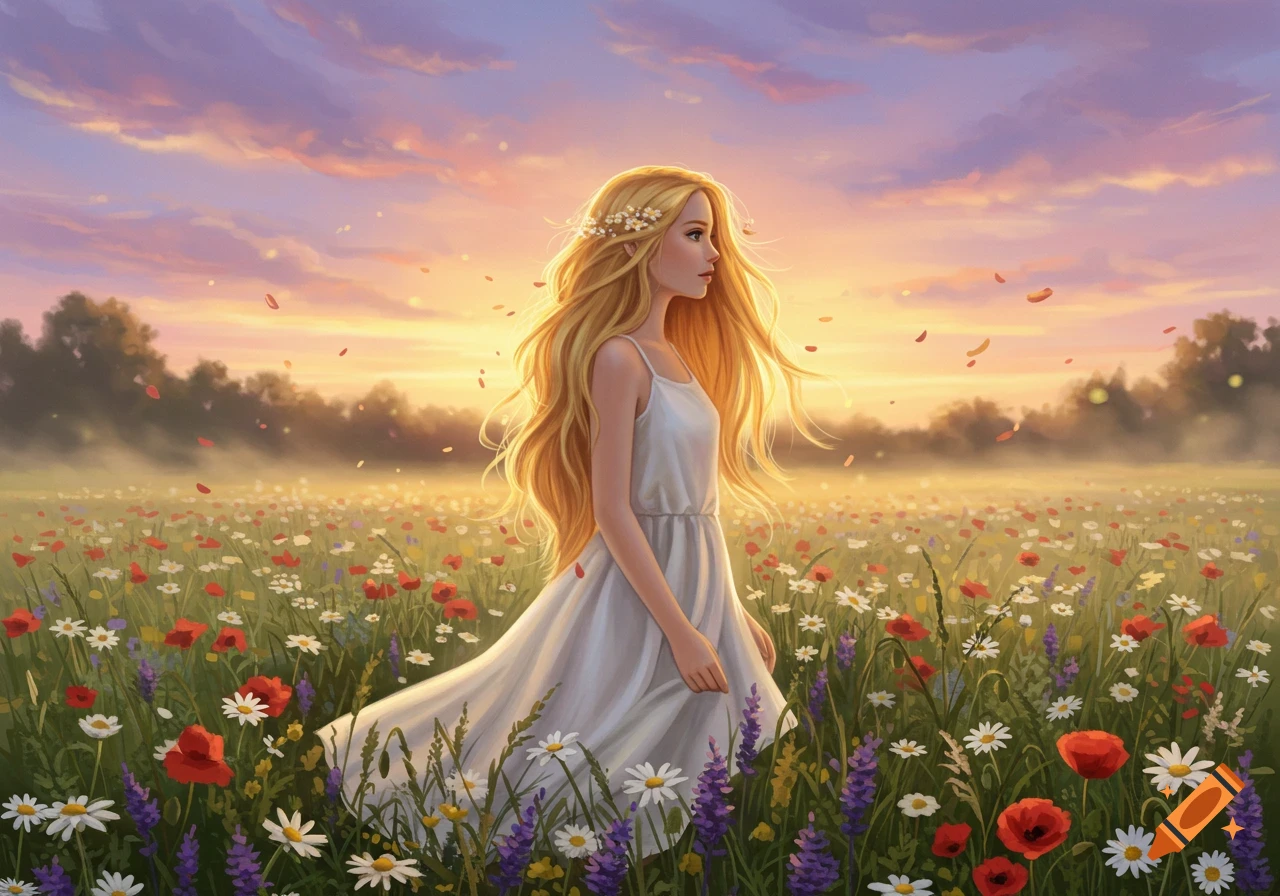 Digital art of a blonde girl in a white dress walking through a field of colorful wildflowers at sunset.