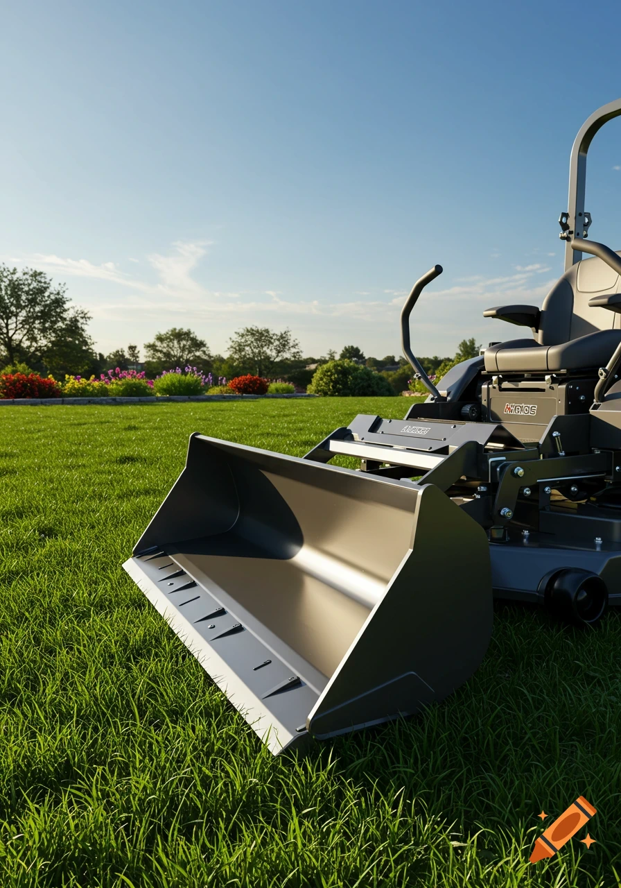 Photorealistic image of a grey zero-turn mower with a front scoop on a green lawn with flowers and trees under a blue sky.