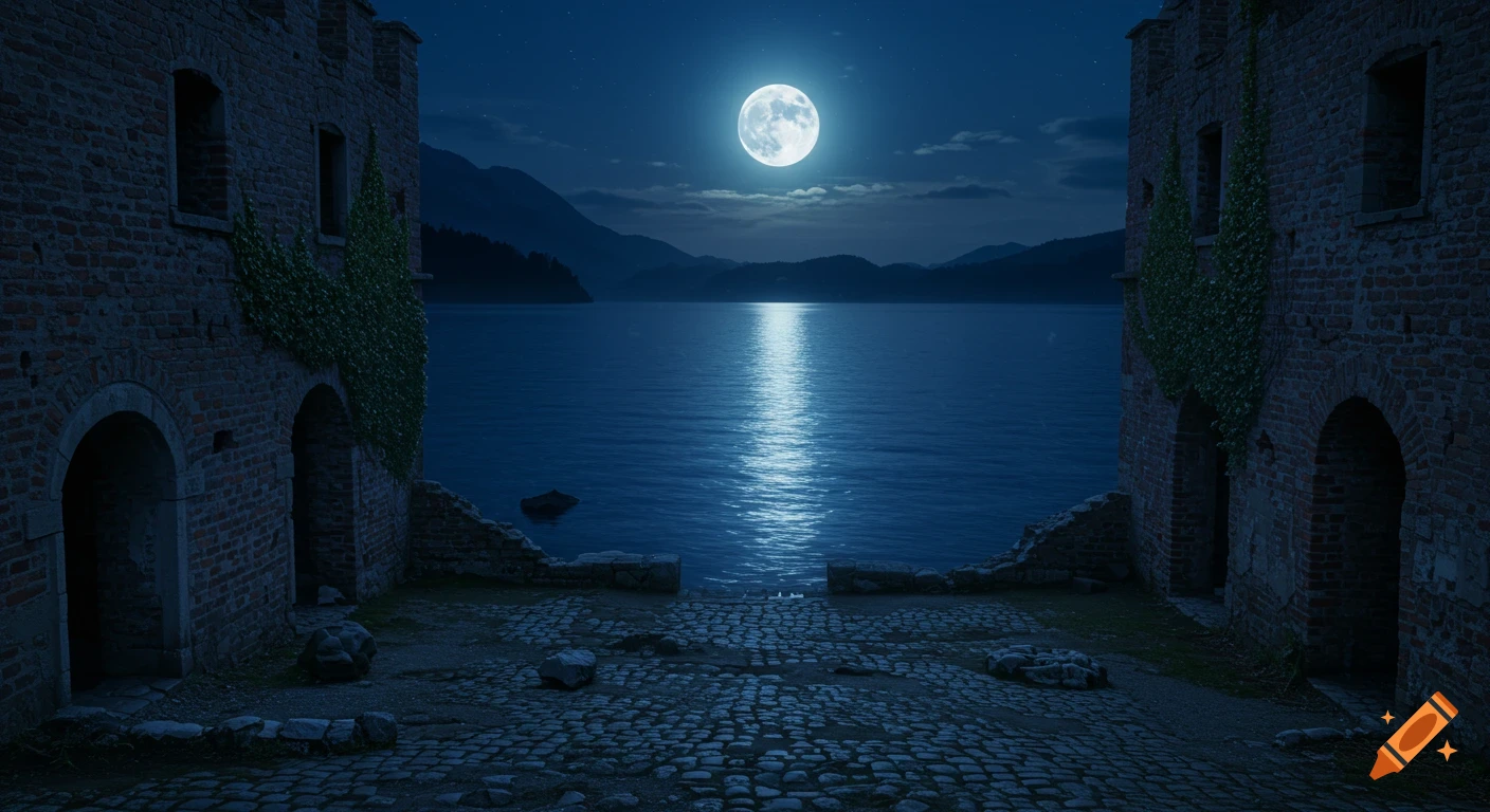A full moon illuminates a dark blue lake seen from between the crumbling brick walls of an abandoned castle at night.
