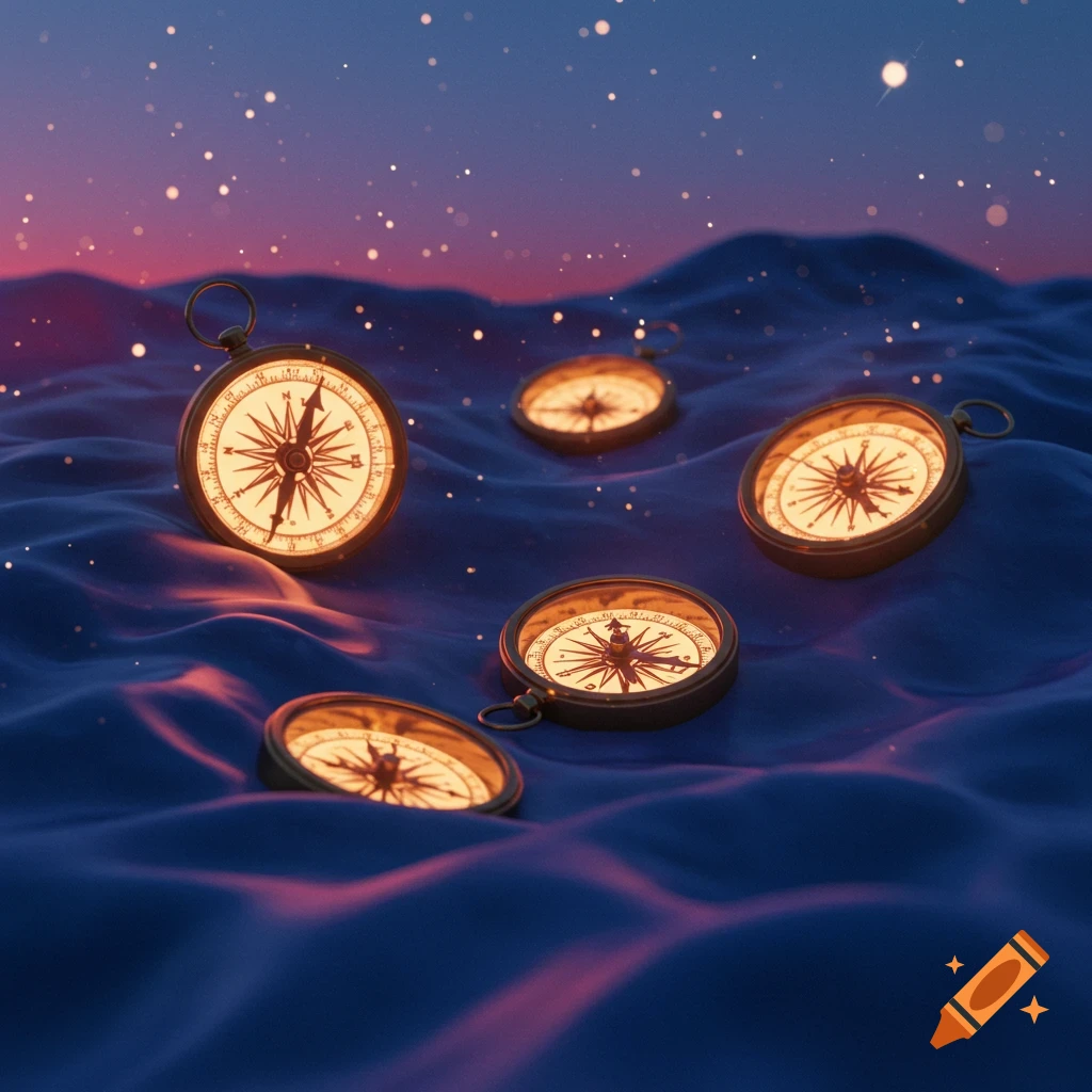 Glowing brass compasses float on a dark blue wavy surface under a pink and blue starry twilight sky.