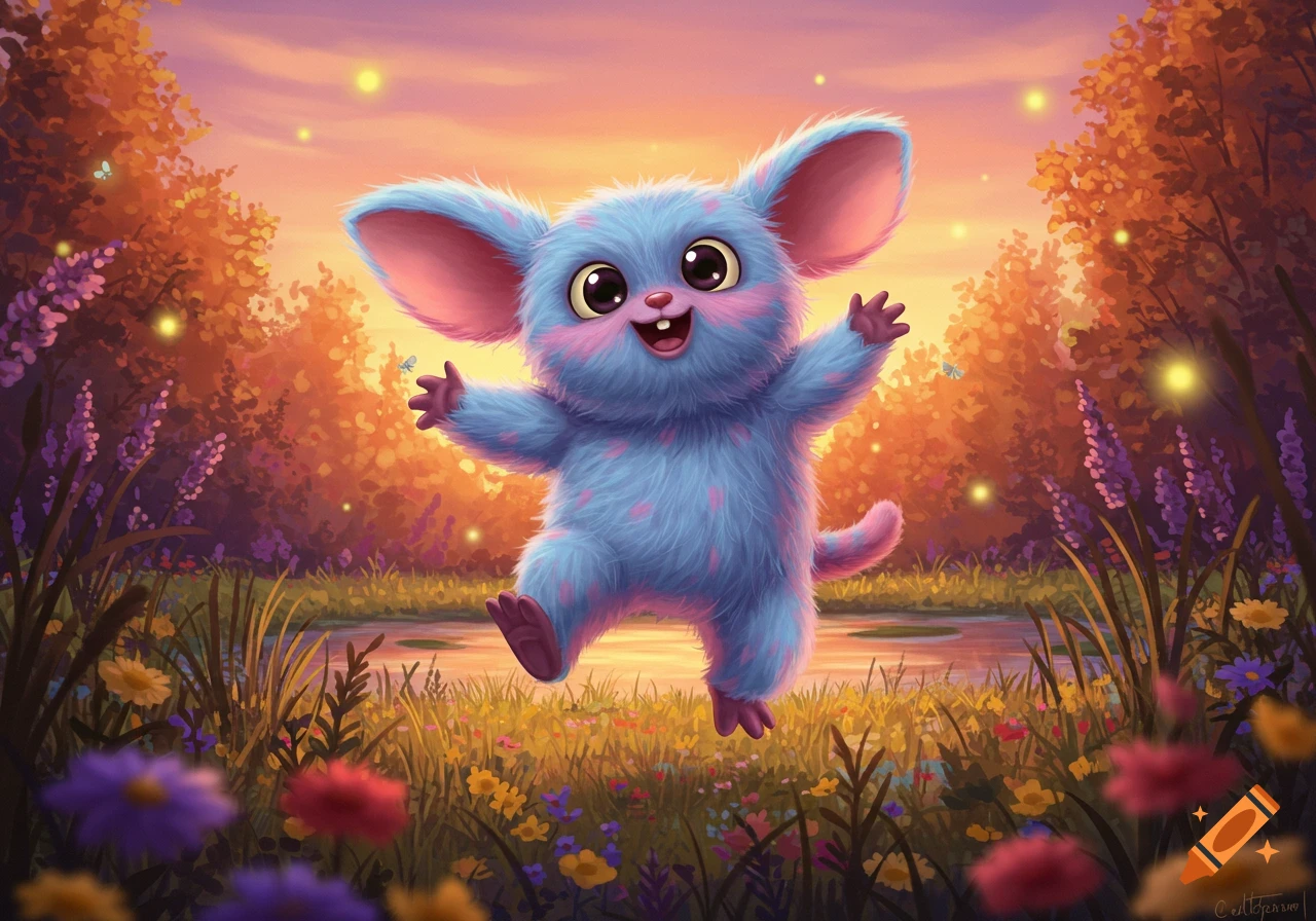 A fluffy blue creature with big ears and pink spots jumps happily in a whimsical meadow at sunset with glowing fireflies.