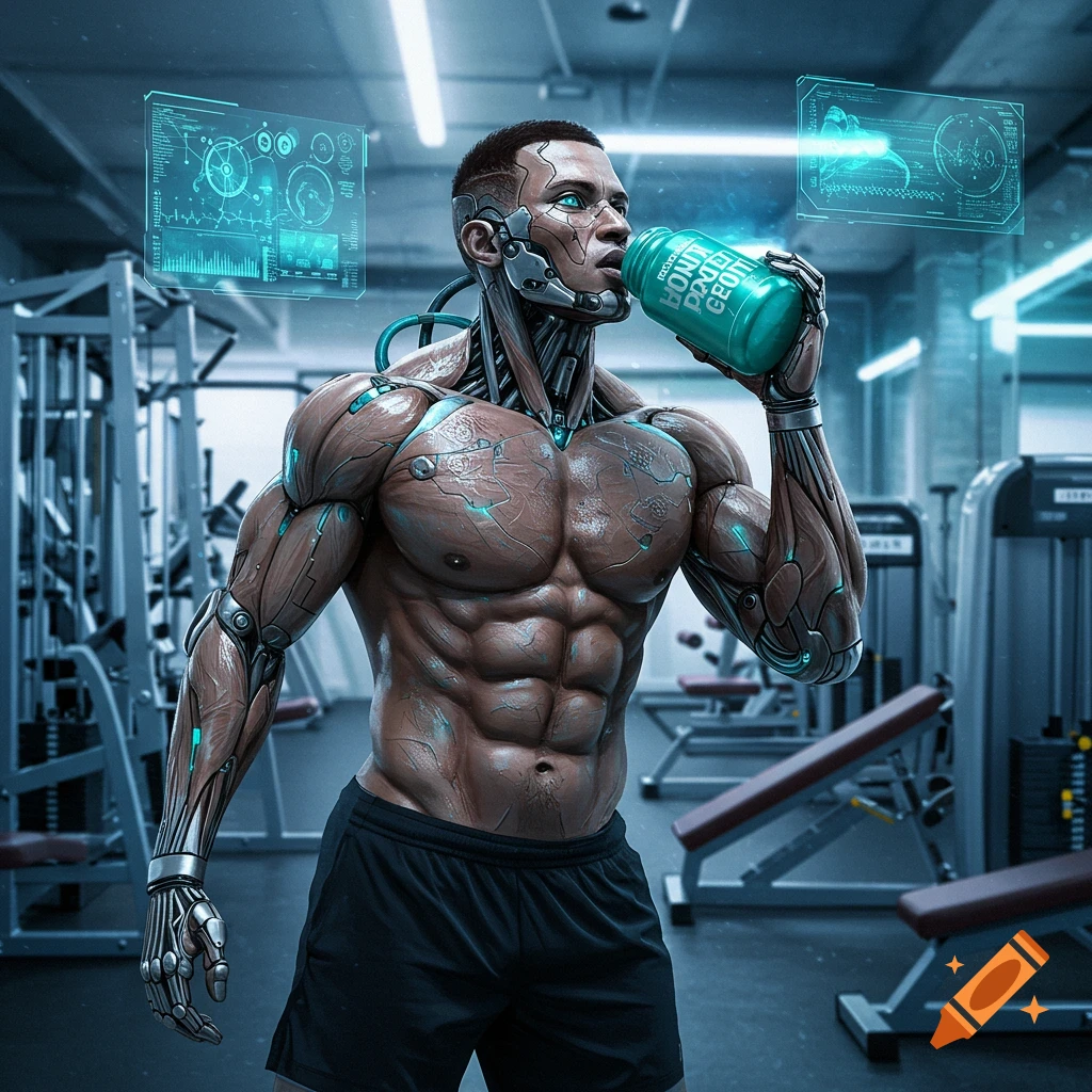 A muscular cyborg athlete with glowing implants drinks from a teal protein bottle in a futuristic gym, with holographic screens.