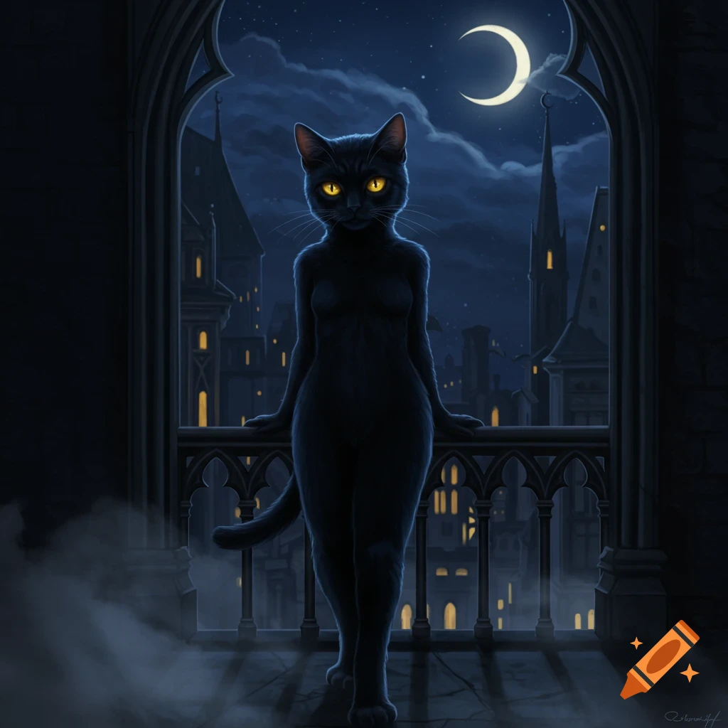 A human-sized black cat with glowing yellow eyes stands on a gothic balcony overlooking a moonlit city at night.