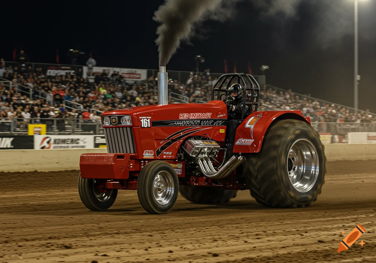 A powerful red tractor puller spews black smoke while racing on a dirt track at night, with spectators in the background.