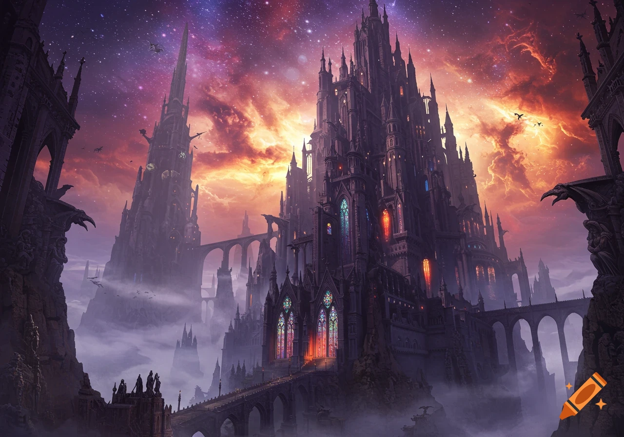 A vast, dark gothic castle complex with multiple spires and glowing stained-glass windows under a dramatic, starry, purple and orange sky.