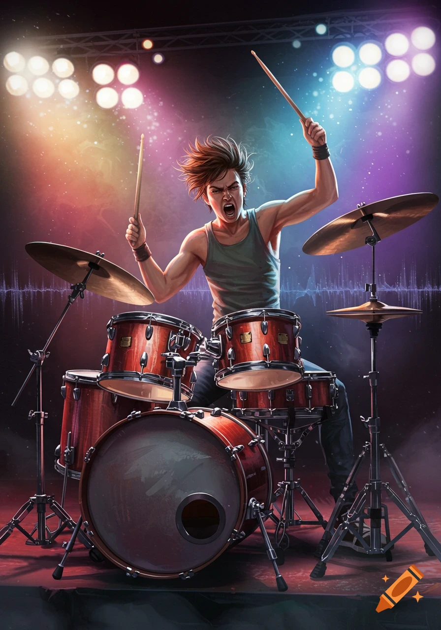 A stylized male drummer with spiky hair energetically plays drums on a stage with bright, colorful spotlights.