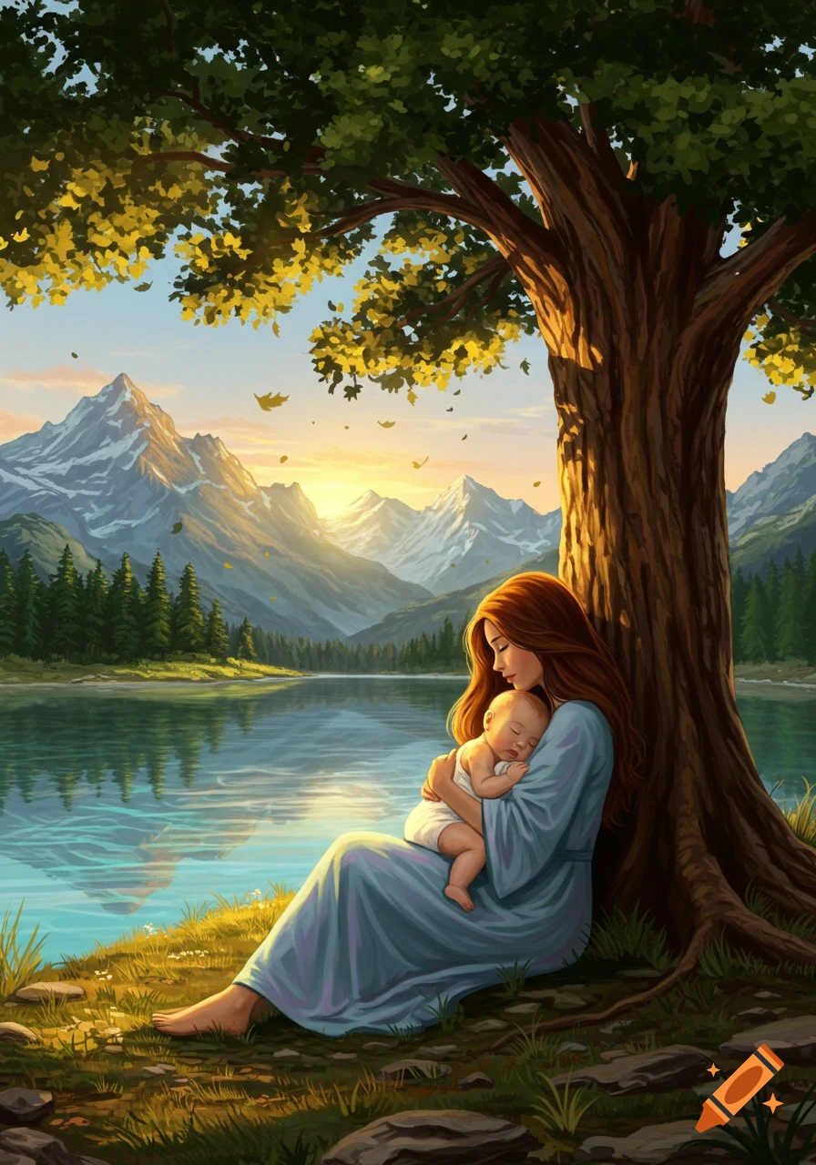 Illustrated young woman holding a sleeping baby under a tree by a serene mountain lake at sunrise.