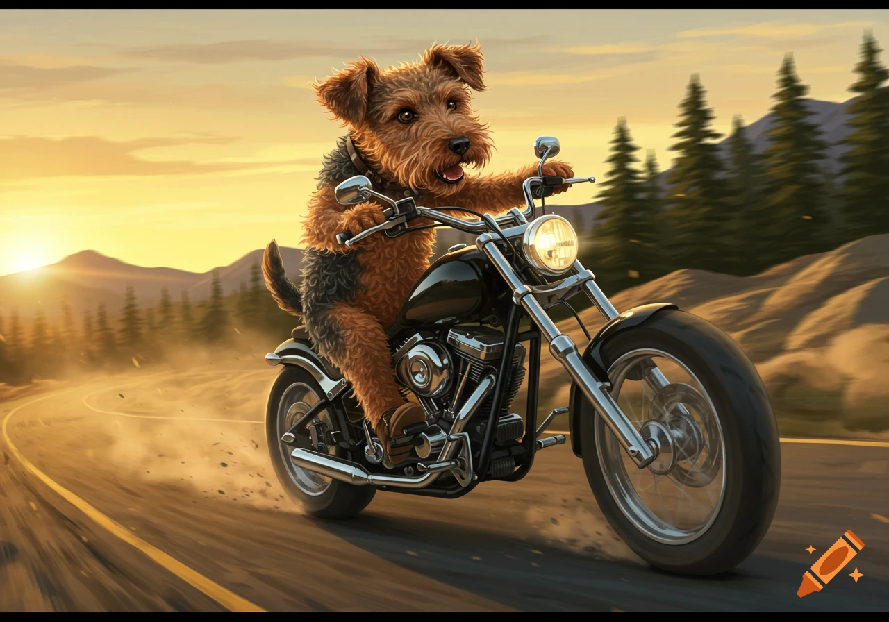 A cartoon Welsh Terrier dog rides a chopper-style motorbike on a winding road at sunset. Illustration.