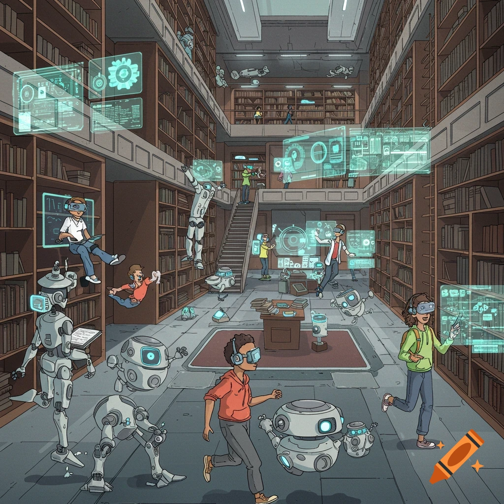 A bustling cartoon library filled with students wearing VR headsets and various robots, some flying or hovering, interacting with holographic displays.