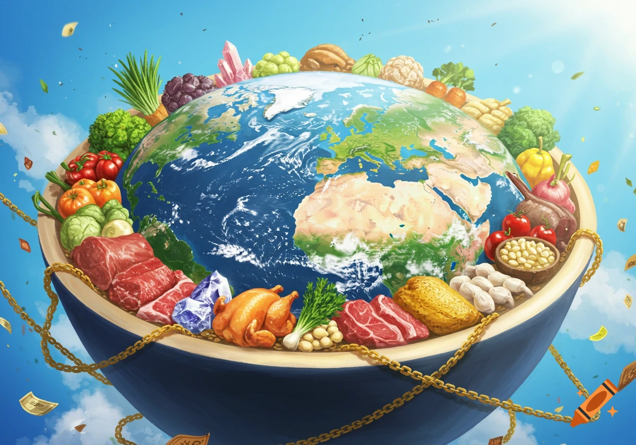 A stylized Earth depicted as a bowl, overflowing with raw meat, roasted chicken, vegetables, fruits, and crystals, all against a bright blue sky.