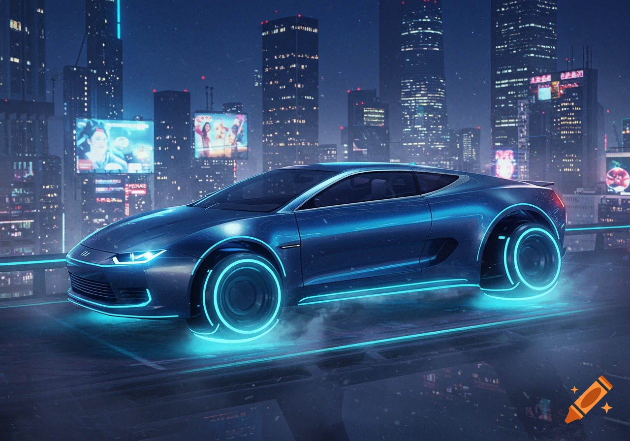 A sleek, blue futuristic sports car with glowing neon accents floats on a road in a cyberpunk city at night.