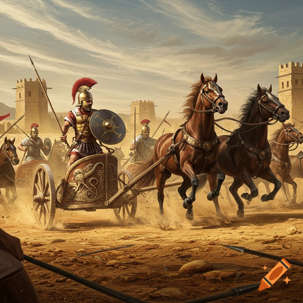 Roman soldiers in chariots charging through a dusty desert, with ancient towers in the background. Photorealistic style.