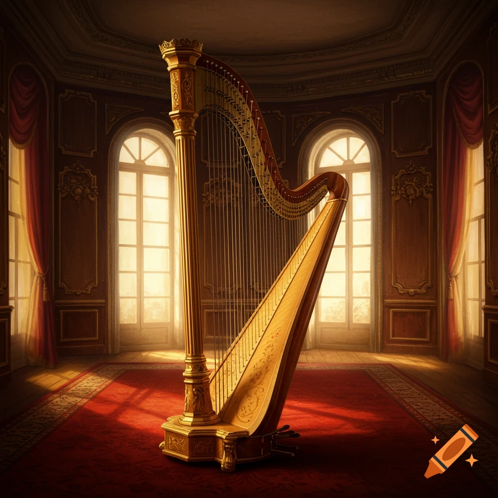 A majestic golden harp on a red carpet in a grand, sunlit room with ornate decor.