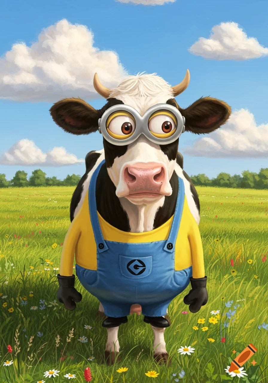 A cow wearing a yellow Minion shirt and blue overalls stands in a vibrant green field under a blue sky with clouds.