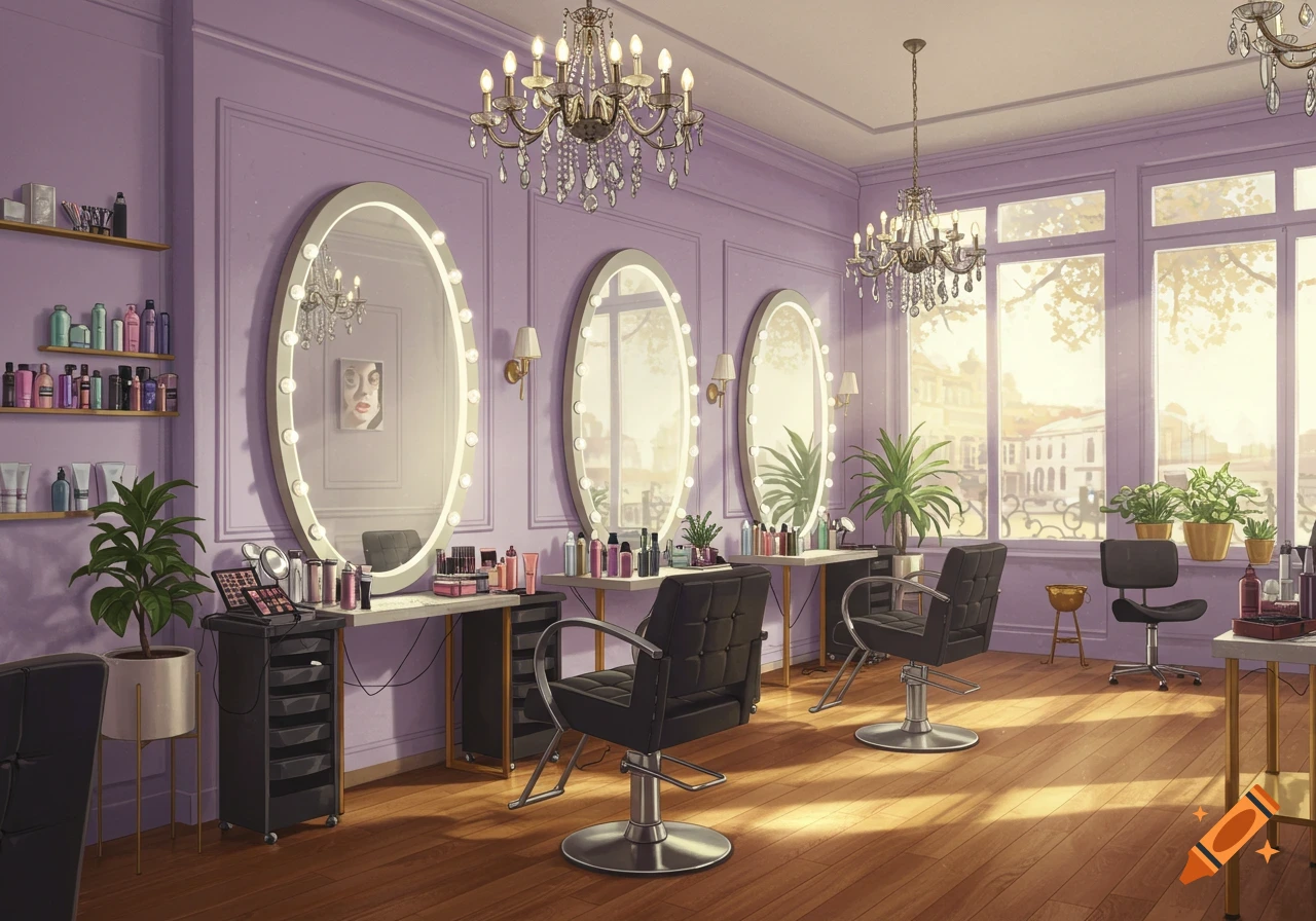 An elegant, stylized illustration of a beauty salon with lavender walls, wooden floors, oval lighted mirrors, black chairs, and large windows.
