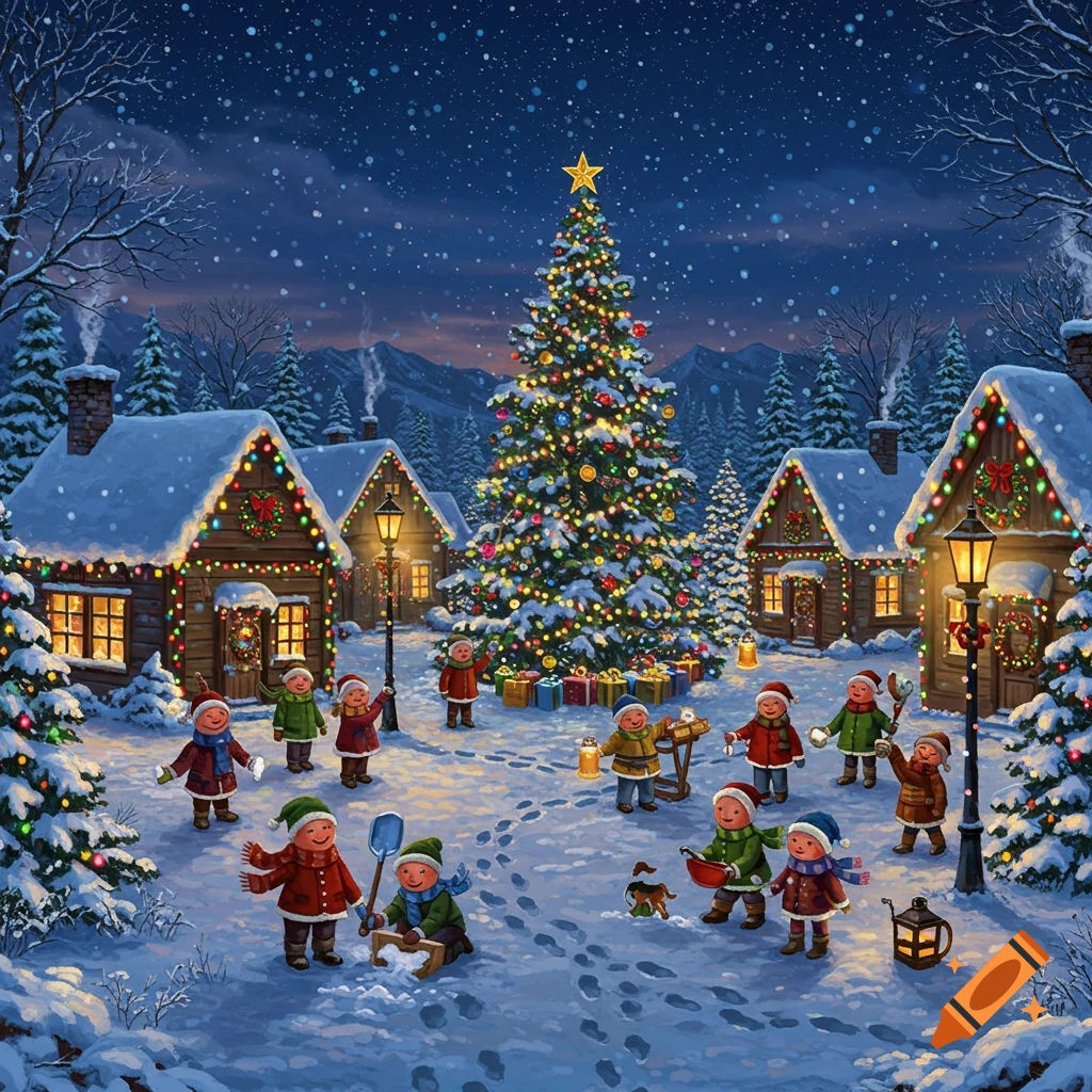 Children play in a snowy village at night, illuminated by a large decorated Christmas tree and festive houses.