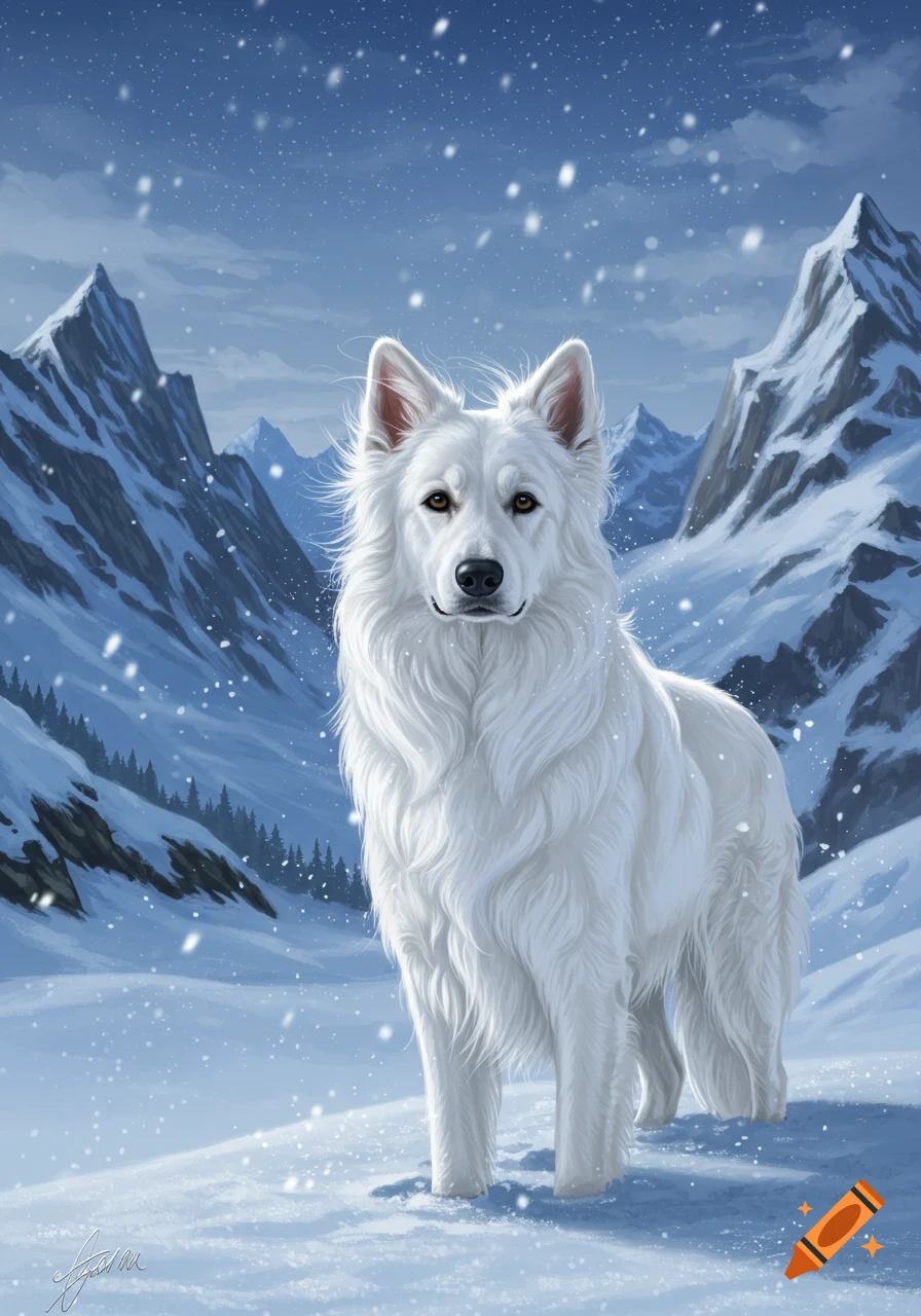 A majestic white long-haired shepherd dog stands in a snowy mountain landscape with flakes of snow falling.