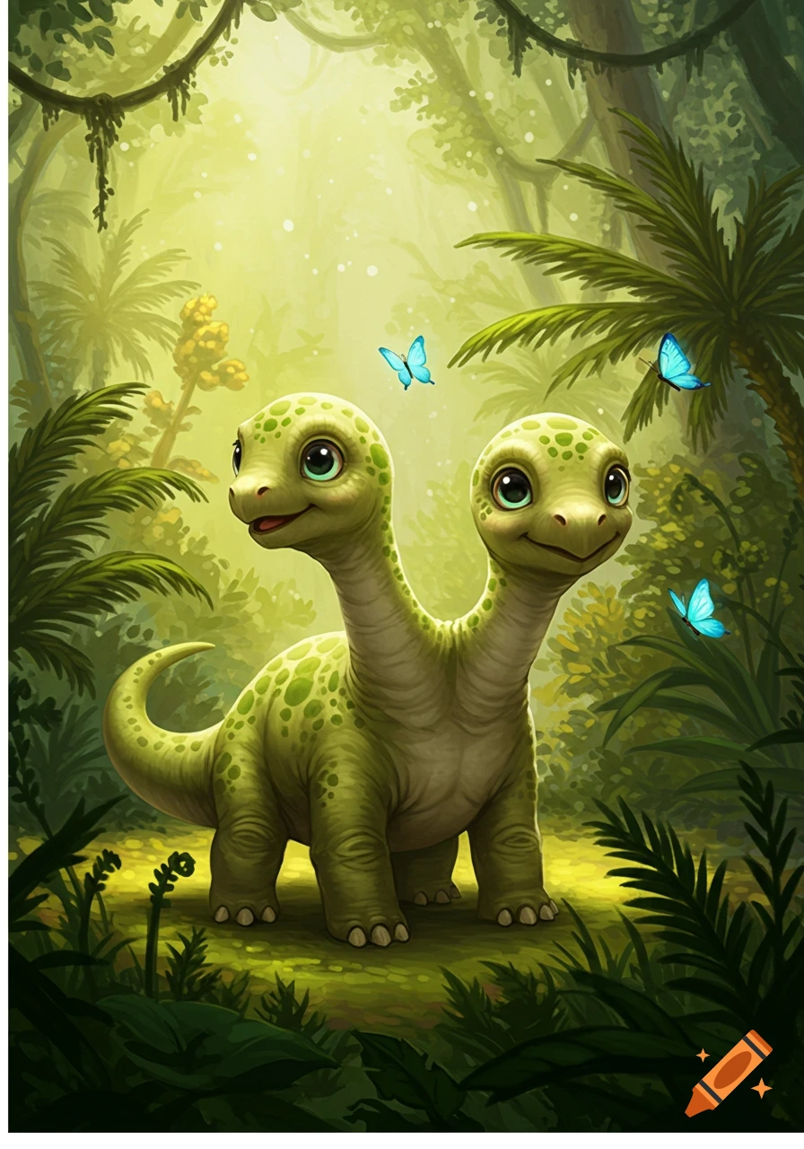Cute baby two-headed brontosaurus with big eyes in a lush, bright jungle with blue butterflies, cartoon style.