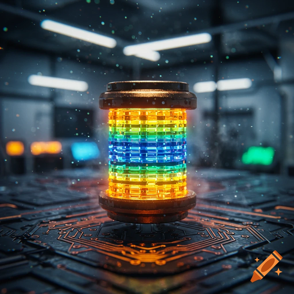 A glowing rainbow-colored cylindrical electronic component on a circuit board in a futuristic lab.