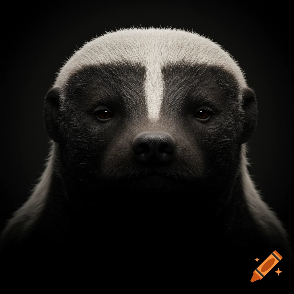 A close-up, photorealistic portrait of a honey badger with a white stripe on its head, on a dark background.