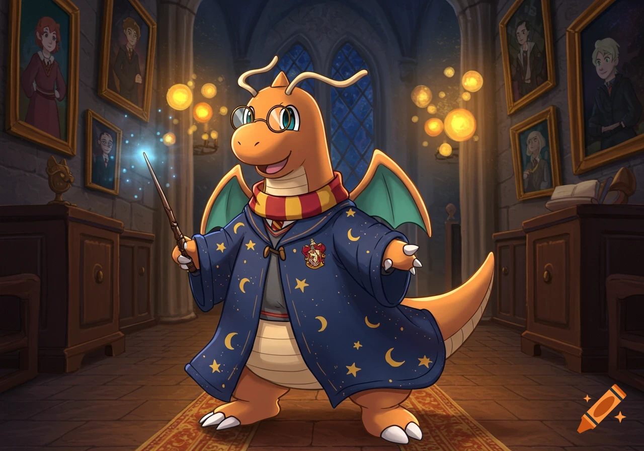 A cartoon Dragonite dressed as Harry Potter, wearing glasses and a wizard robe, holding a glowing wand in a Hogwarts-style hall.