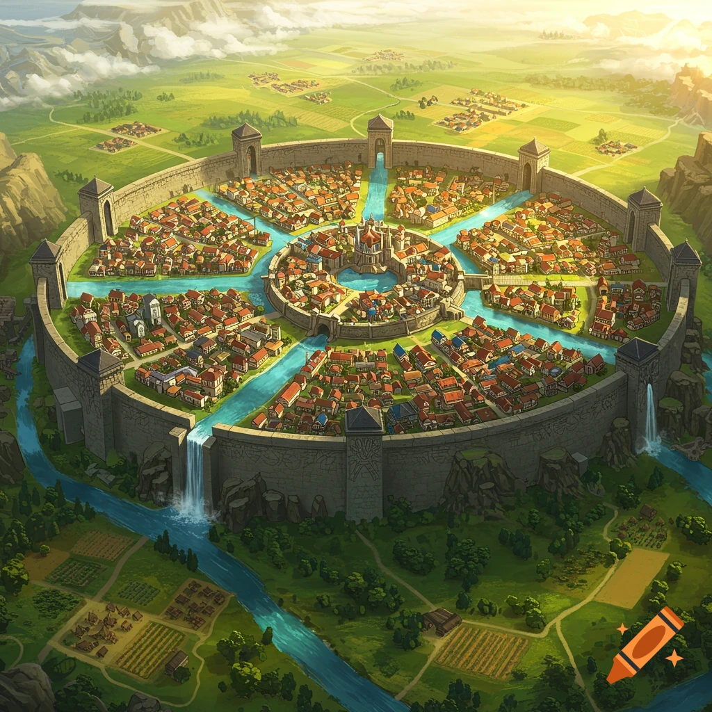 An aerial view of a circular fantasy city enclosed by a stone wall, surrounded by green farmlands. Rivers flow through the city's segmented districts, emanating from a central, elevated island with waterfalls.