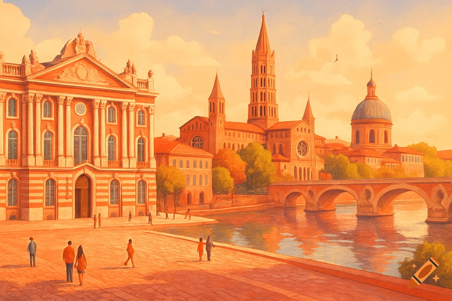 Artistic illustration of Toulouse, France, with red brick buildings, a river, and a bridge under a warm sky, with people walking along the riverbank.