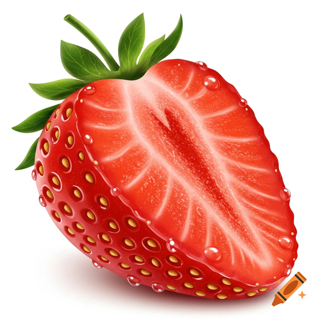A vibrant red strawberry, cut in half, showing its seeds and juicy interior, with glistening water droplets.