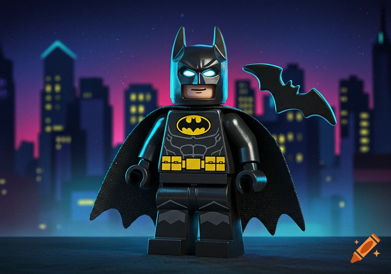 Photorealistic 3D render of a Lego Batman minifigure standing in front of a blurry neon cityscape with a glowing batarang.