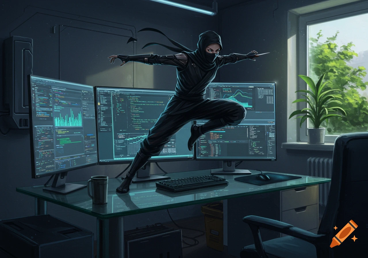 A ninja leaps across a desk in a dark room with multiple computer monitors displaying code and graphs.