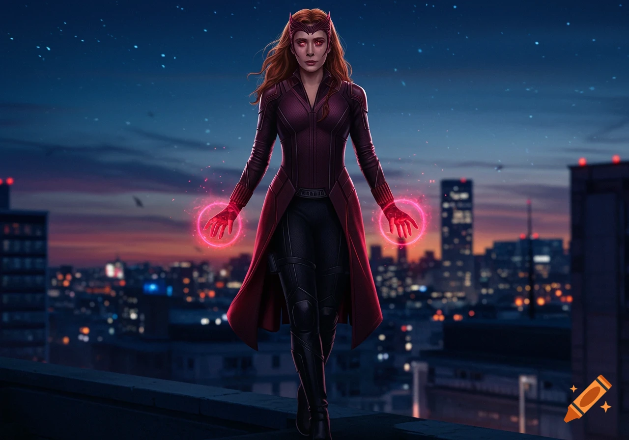 Scarlet Witch stands on a city rooftop at dusk, hands glowing with pink energy, wearing a dark suit and red trench coat.