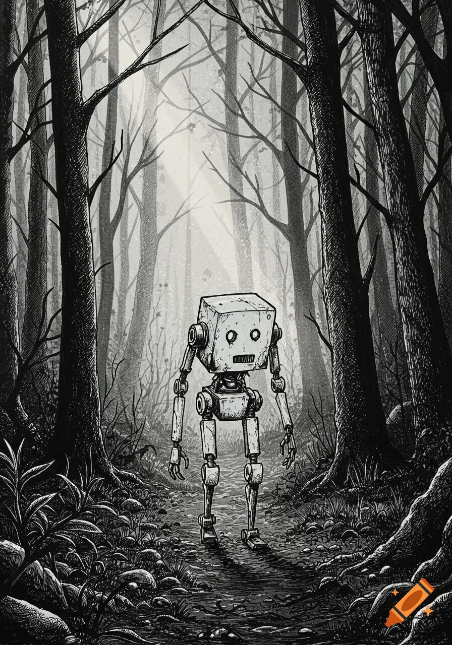 A lonely, sad, old robot walking through a misty, dark forest. Black and white pen and ink illustration.