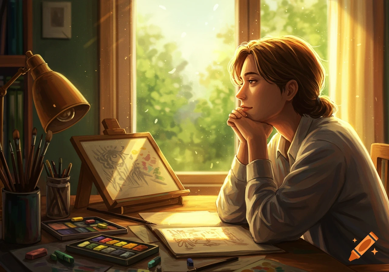 An artist sits at a sunlit desk with art supplies, looking out a window. Digital painting.