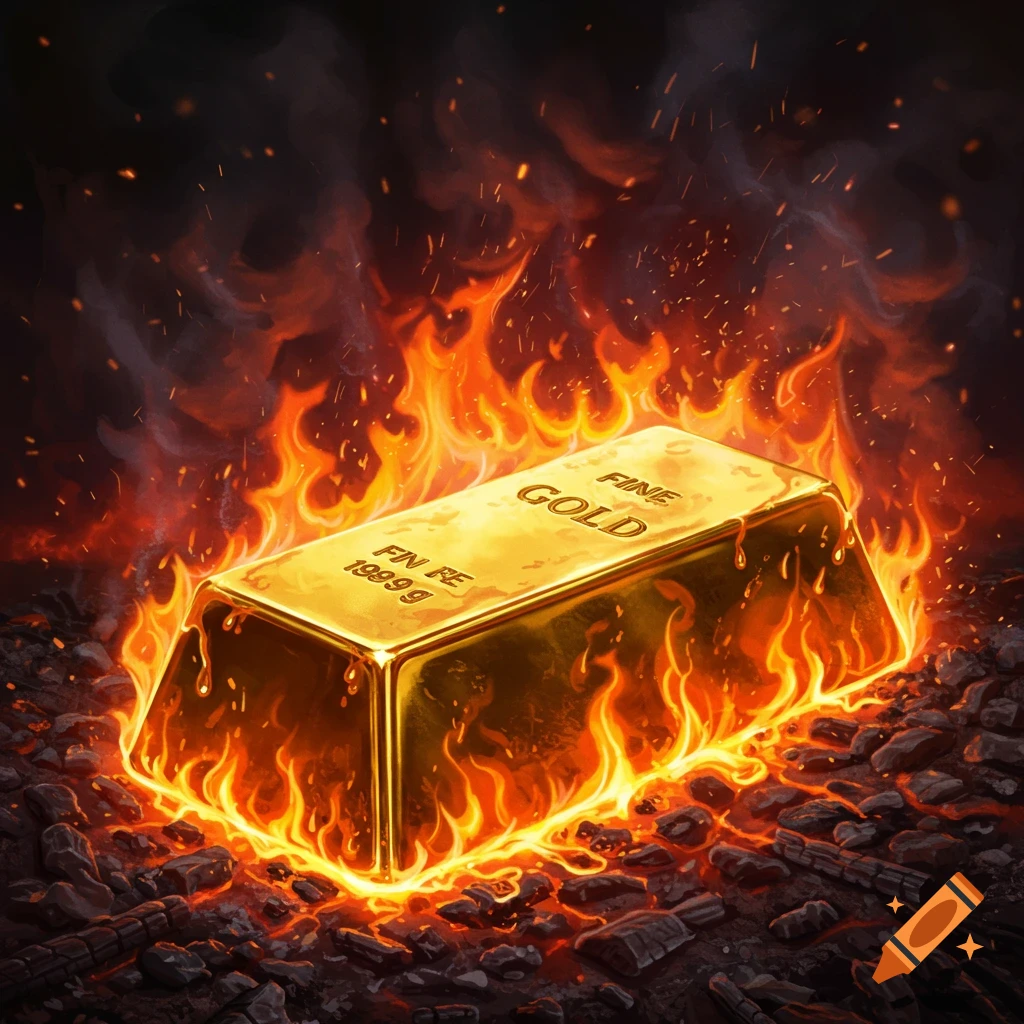 An illustrative image of a shiny gold bar engulfed in bright orange flames, resting on a bed of glowing embers and dark ash.