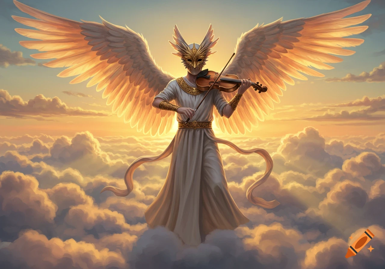 A masked angel with large, glowing wings plays a violin while standing amidst clouds at sunset.
