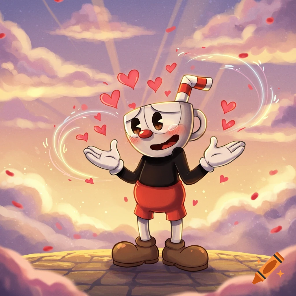 Cuphead, blushing with open hands, surrounded by floating hearts under a cloudy sunset sky, in a cartoon style.