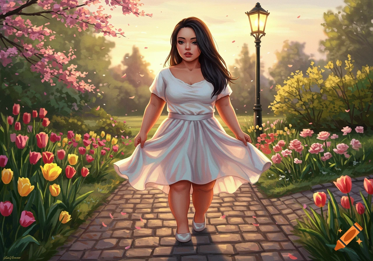 Woman in a white dress walking on a stone path in a vibrant spring garden with tulips and cherry blossoms, digital art.
