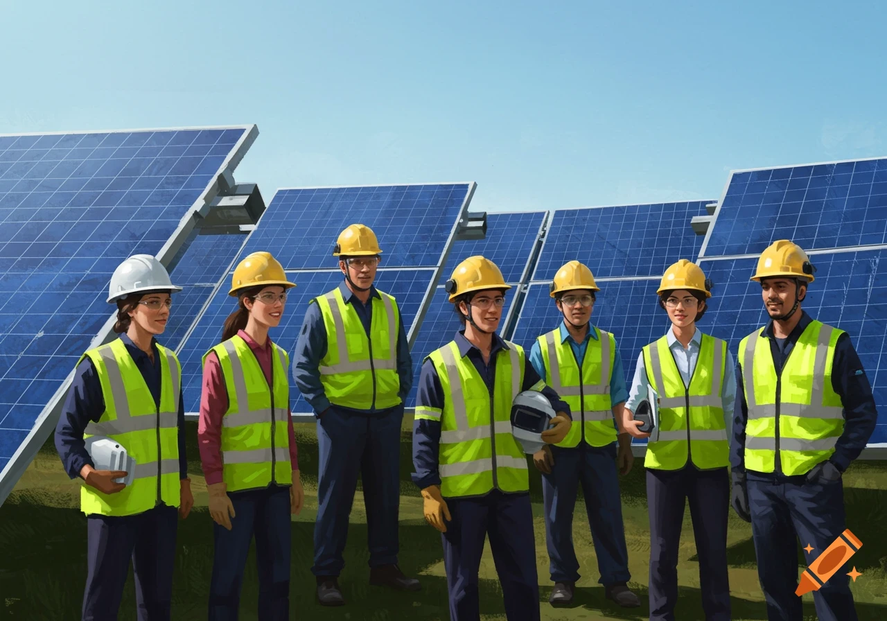 A group of workers in safety vests and hard hats standing in front of large solar panels under a clear sky, in an illustrative style.