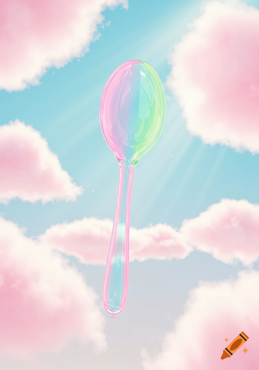 A translucent, pastel-colored spoon-shaped balloon floats among soft pink clouds in a light blue sky.