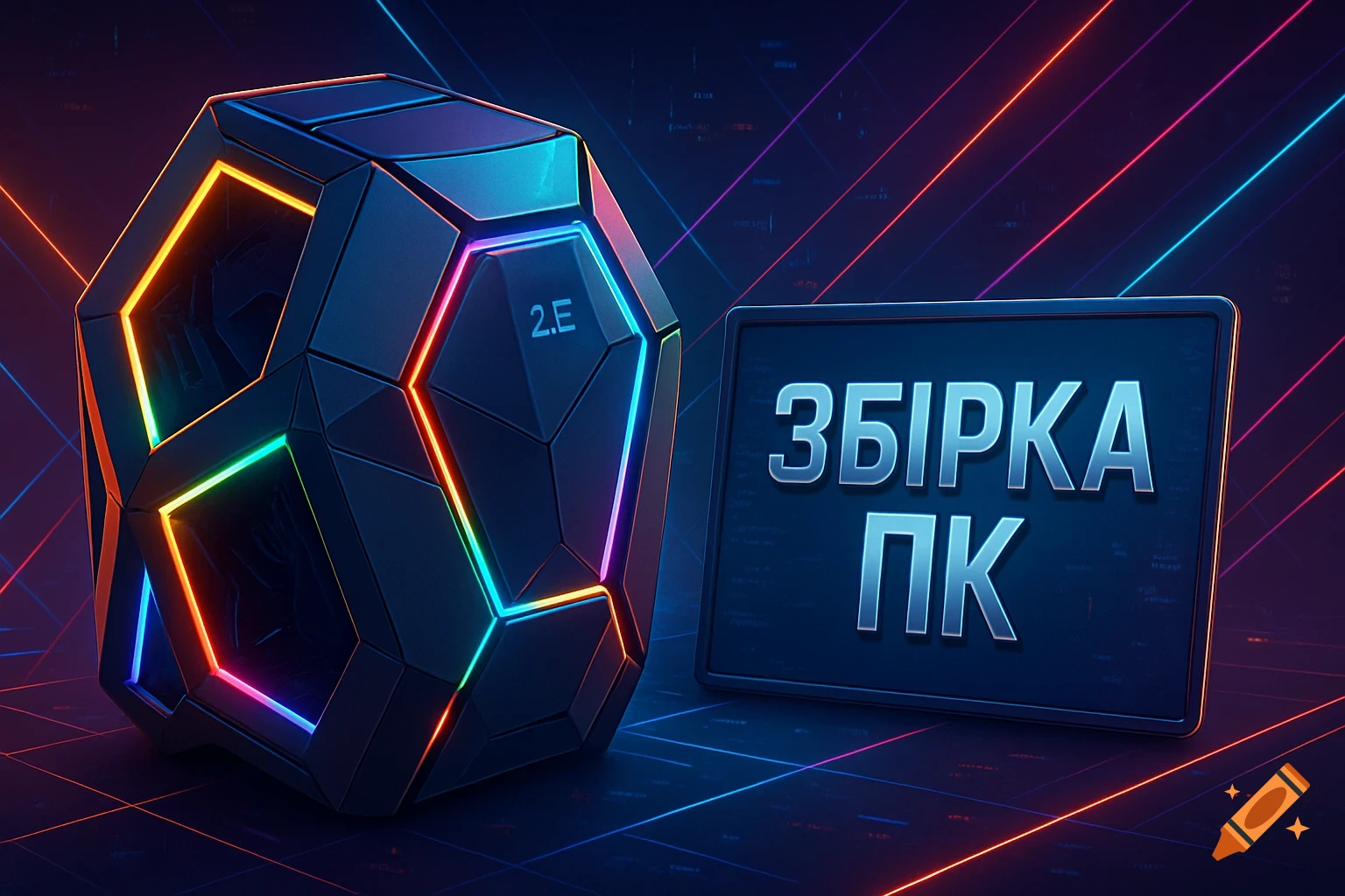 A dark, futuristic geometric object with glowing neon lines and a screen displaying 'ЗБІРКА ПК' on a blue tech background.
