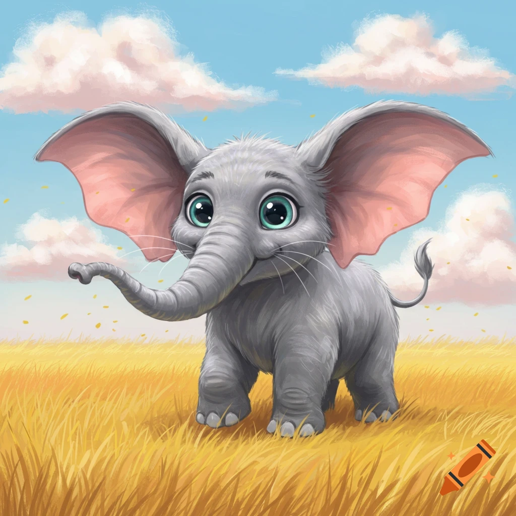 A cute, cartoon baby elephant with big eyes and large pink ears stands in a golden grassy field under a cloudy blue sky.
