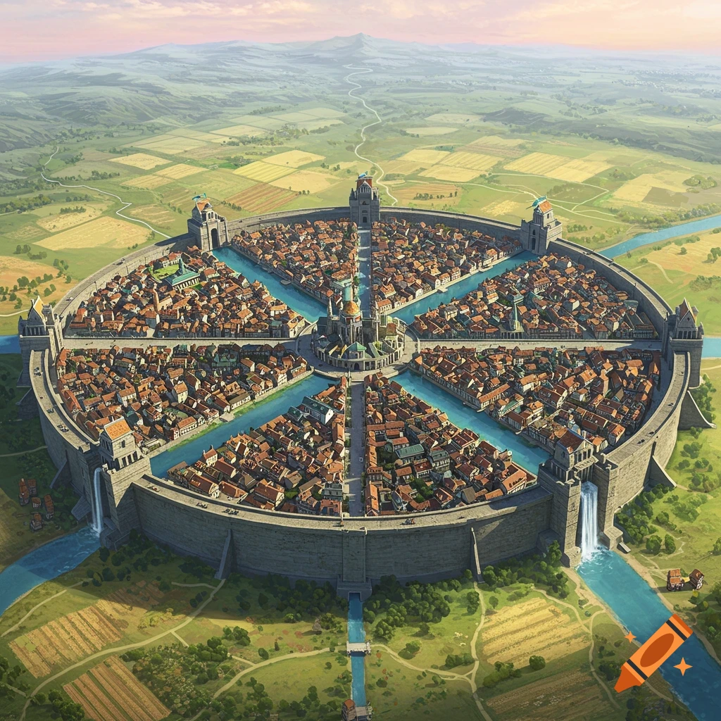 An aerial view of a majestic circular fantasy city divided into sections by rivers and roads, surrounded by vast farmlands.